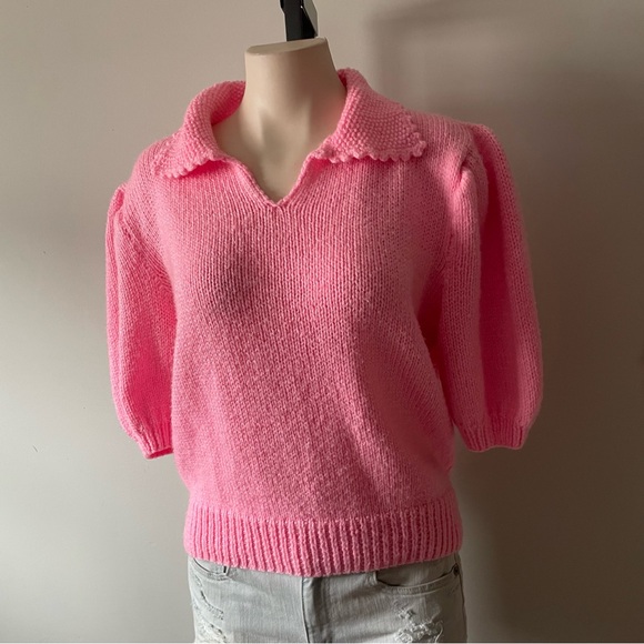 Handmade Vintage Bubblegum Pink Knit Polo Sweater Puff Sleeve Retro Size XL - Picture 3 of 7